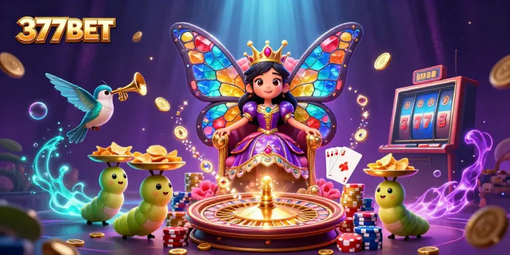Experience the thrill of 377BET with a vibrant casino scene featuring a butterfly queen, roulette wheel, and sparkling coins.