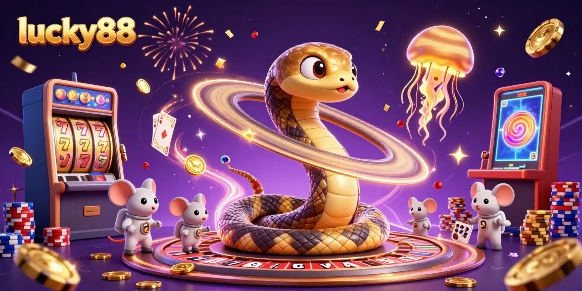 Experience the thrill of lucky88 with cosmic characters and spinning slot reels in a vibrant casino scene.