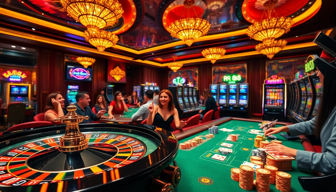 RR88 casino scene showcasing excited gamblers at tables and slot machines.