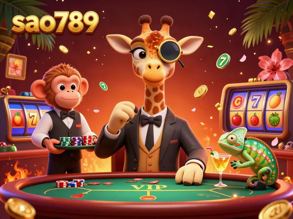 Engage in thrilling gameplay at sao789 casino with a high-roller giraffe, monkey valet, and vibrant slot elements.