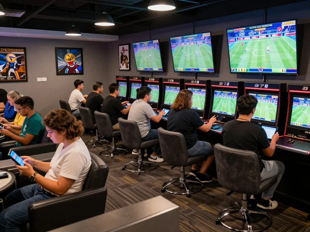 Apostadores da AQ777 participando de apostas esportivas em tempo real em um lounge vibrante com telas ao vivo.