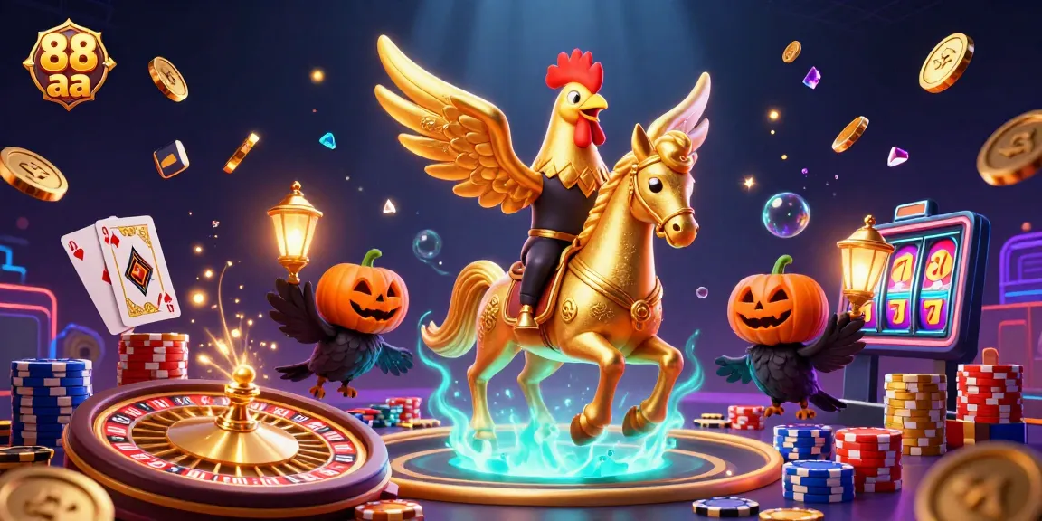 Experience thrilling gaming at 88 aa with golden rooster, spectral horse, and festive elements.