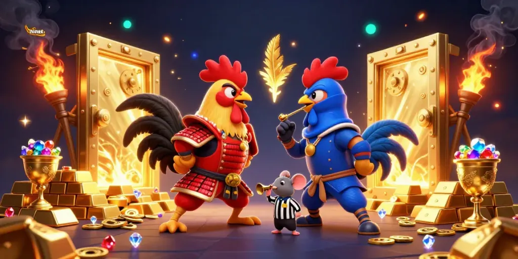 Engage in thrilling mines betting with iconic rooster duel amidst rich gambling themes.