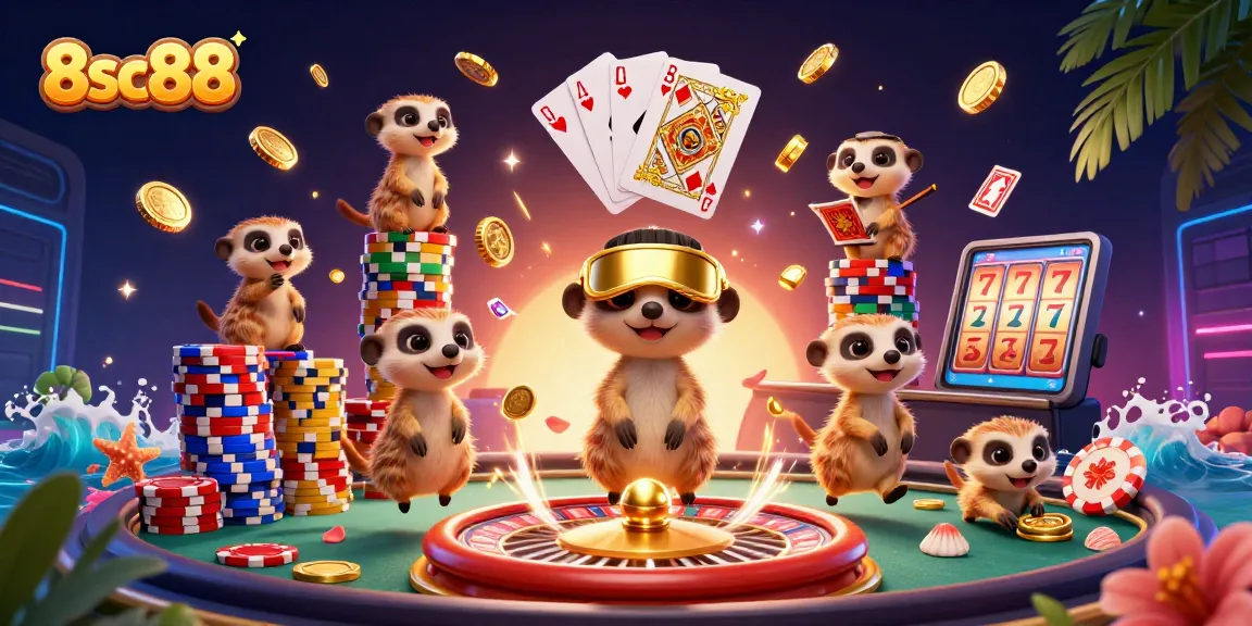 Experience thrilling casino action at 8sc88 with meerkats enjoying games, chips, and golden coins.