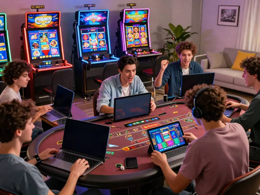 Players enjoying GEM88 on multiple devices in a vibrant gaming environment.