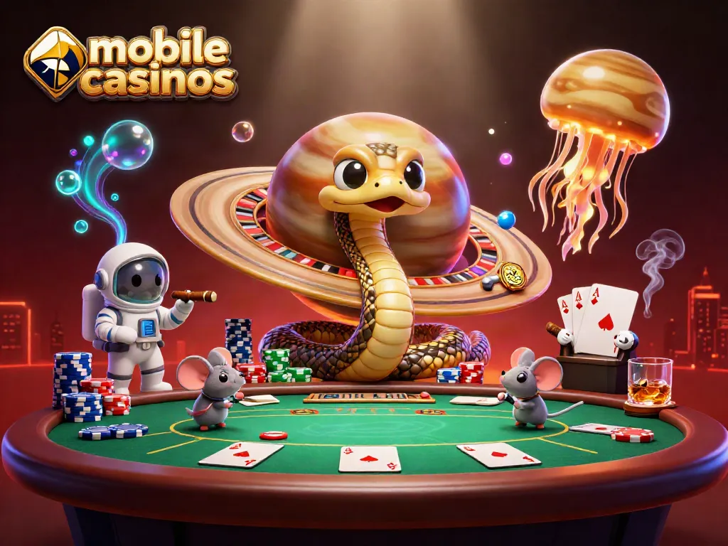 Engage with mobile casinos through a dynamic scene featuring a Saturn ring snake dealer and betting astronaut mice.