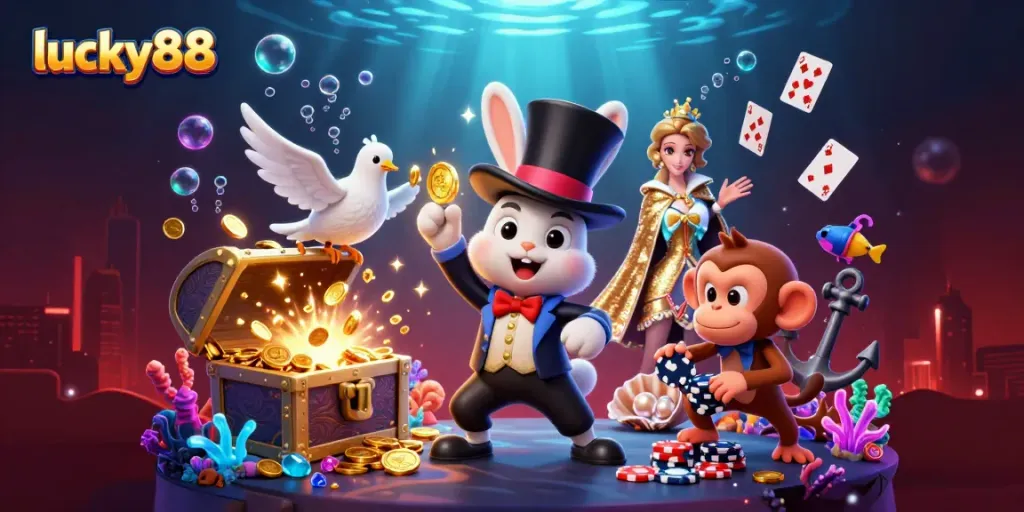 Experience lucky88 magic with a cartoon magician rabbit, a dove, and a monkey surrounded by casino elements.