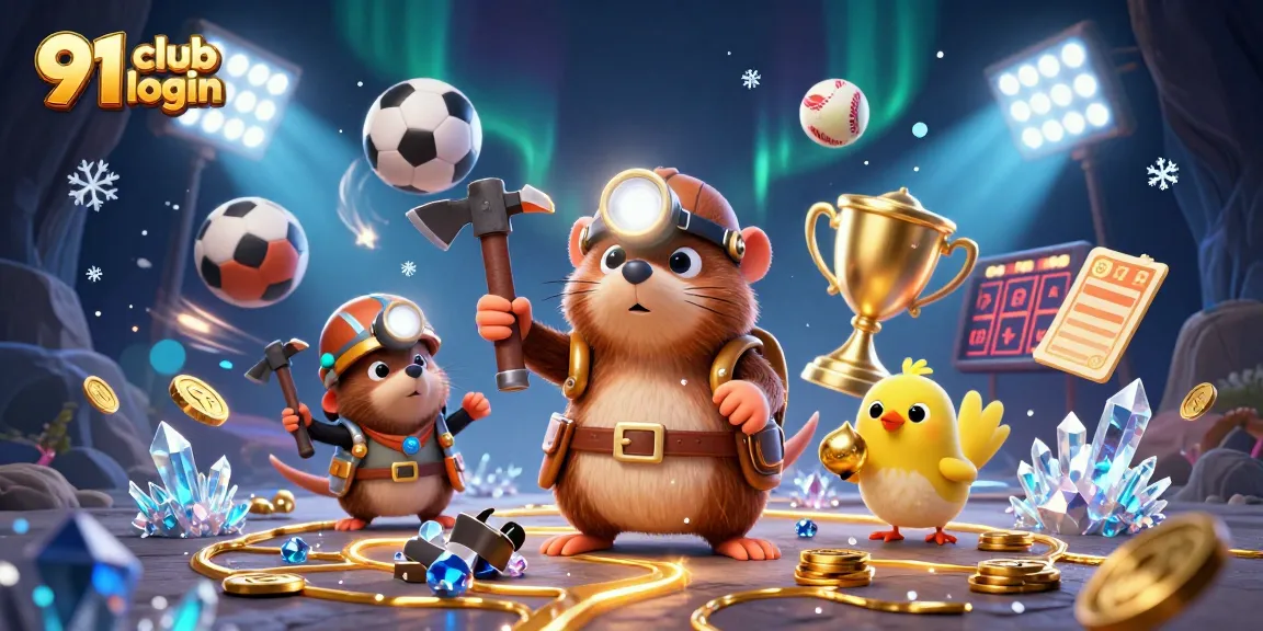 Experience 91 club login through a fun illustration with characters and sports elements.