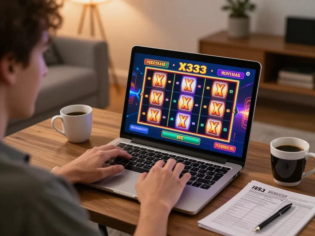 A player enjoying X333 slots on a laptop, showcasing an exciting online casino experience in a cozy setting