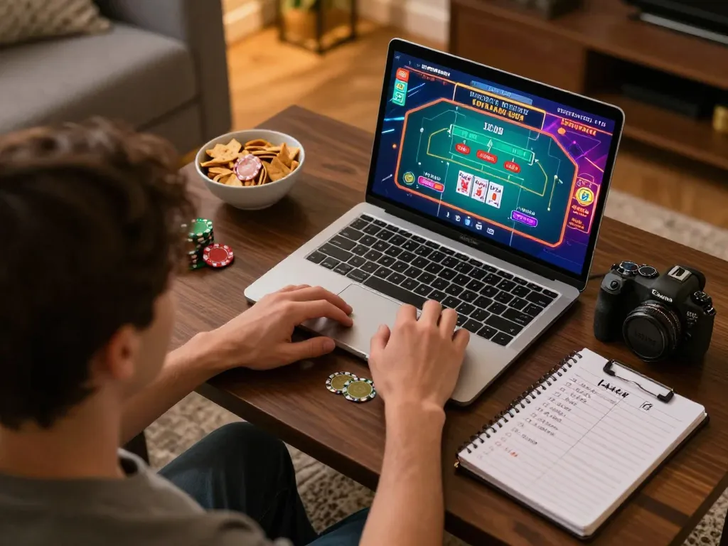 Engaging player at home exploring KJC online blackjack game on laptop with strategic notes
