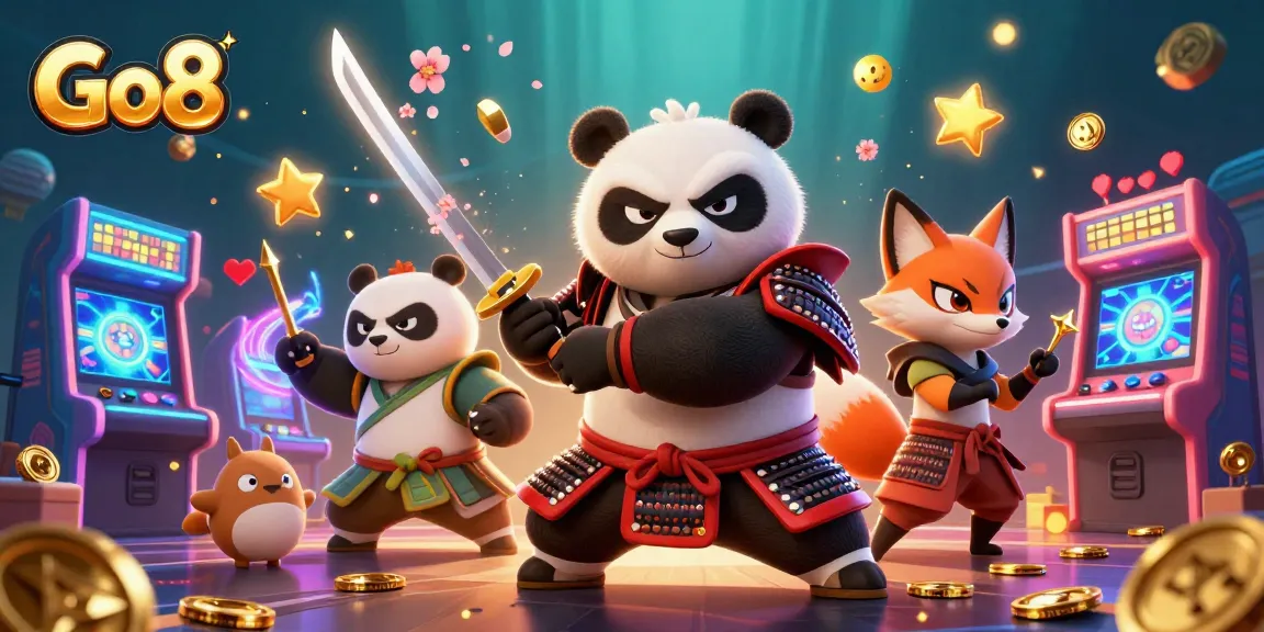 Engage with Go8's thrilling gaming world featuring a samurai panda and ninja fox in a vibrant casino.