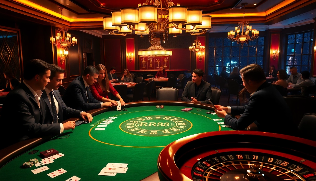 Players enjoy an exciting RR88 casino game, showcasing luxury and high-stakes gambling action.