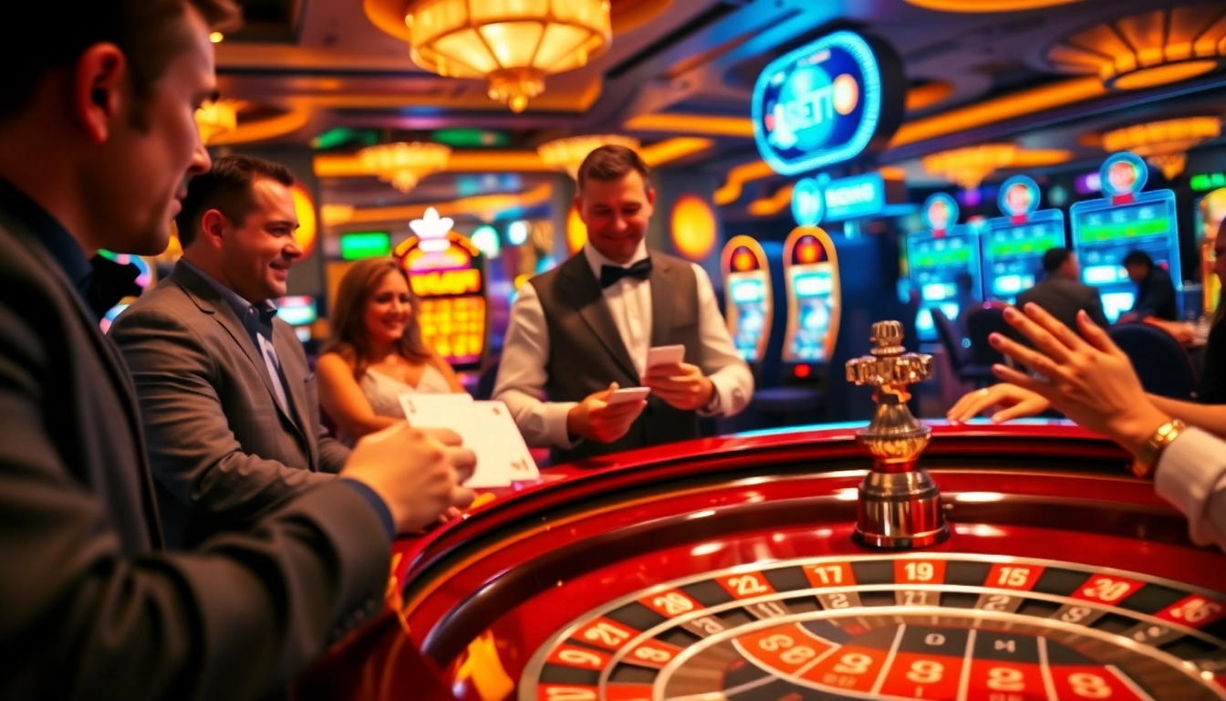 Casino scene showcasing excitement with players and dealers at https://seoshbet.vip/ roulette table, vibrant atmosphere.