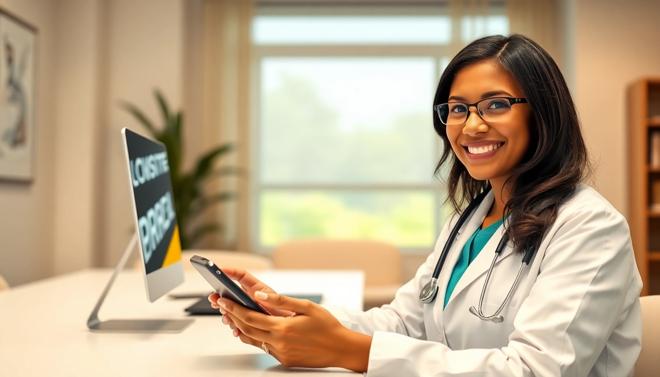 Text a licensed doctor online consultation with a friendly physician at a modern workstation.