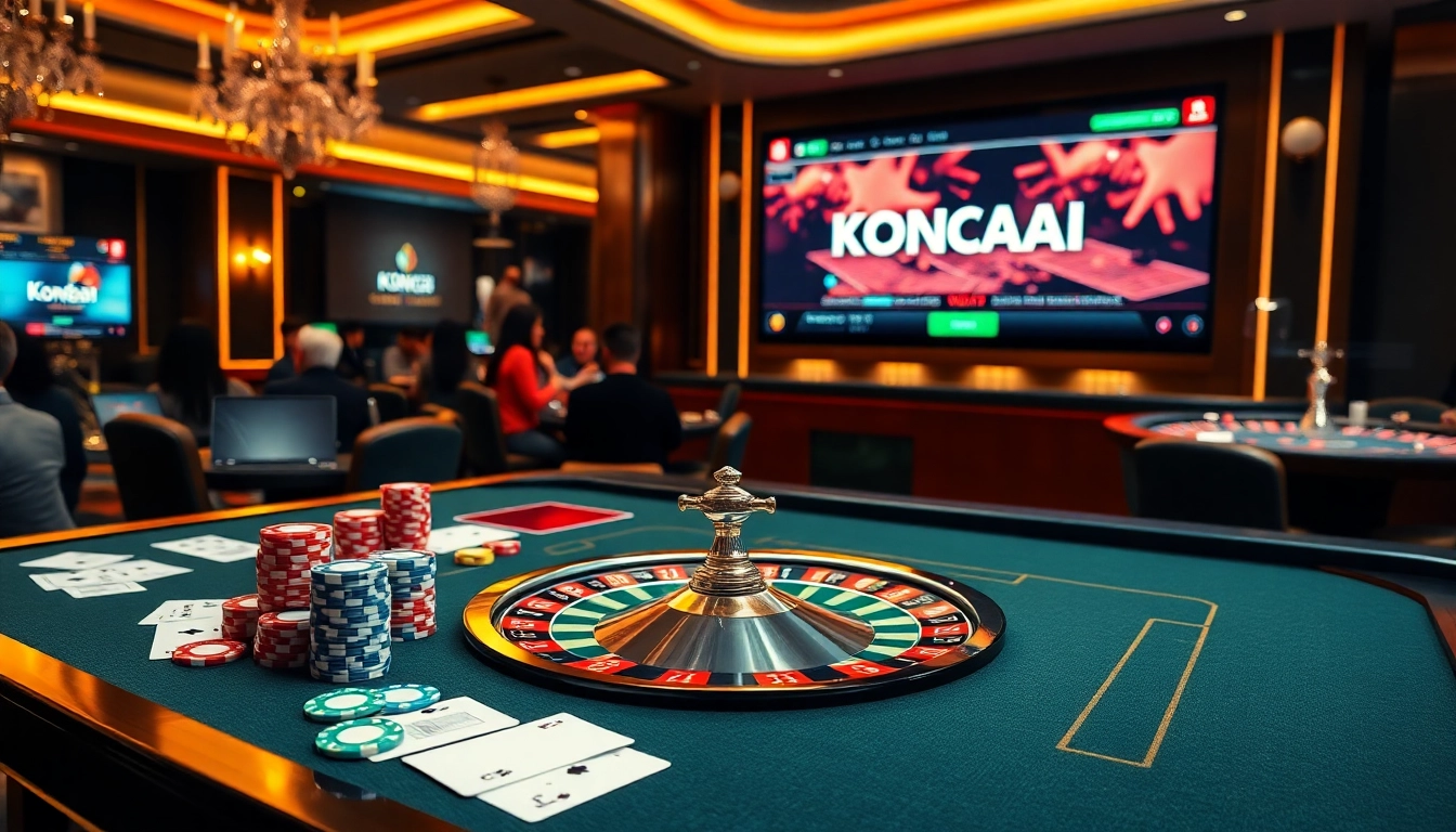 Engaging scene at a casino table with KEONHACAI elements, showcasing vibrant poker chips and cards.