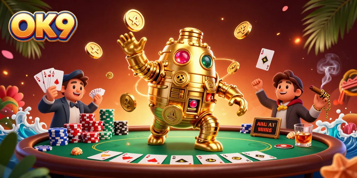 Spin and win big at OK9 with golden golem and poker setups in vibrant 3D casino illustration