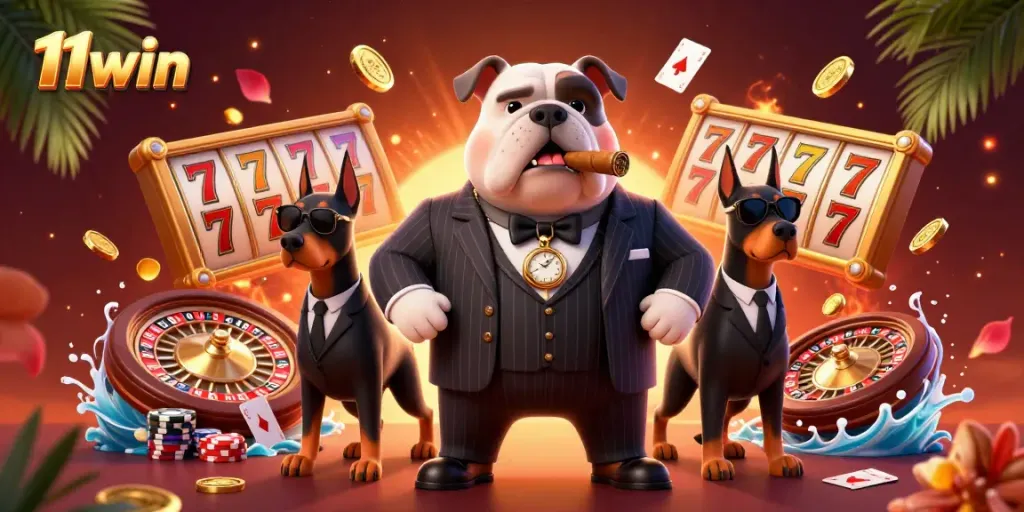 Experience thrilling casino action with 11win featuring a mafia boss bulldog and Doberman bodyguards.