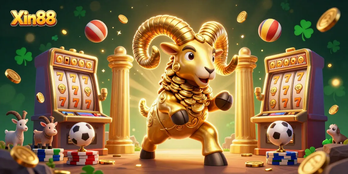 Win big with Xin88: A dynamic 3D illustration of a golden ram charging through casino elements.