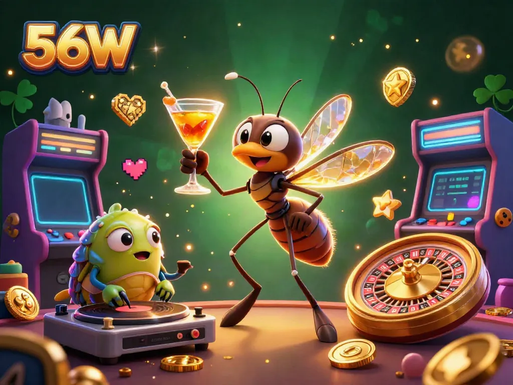 Experience thrilling gameplay at 56W with vibrant casino characters and dynamic elements.