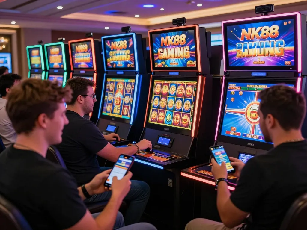 Exciting NK88 online gambling scene with diverse players enjoying casino games and sports betting.