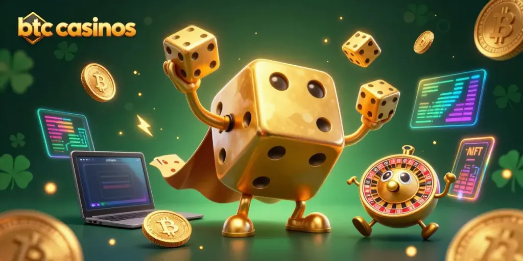 Engage in btc casinos with a dynamic 3D scene showcasing vibrant crypto elements and gaming characters.