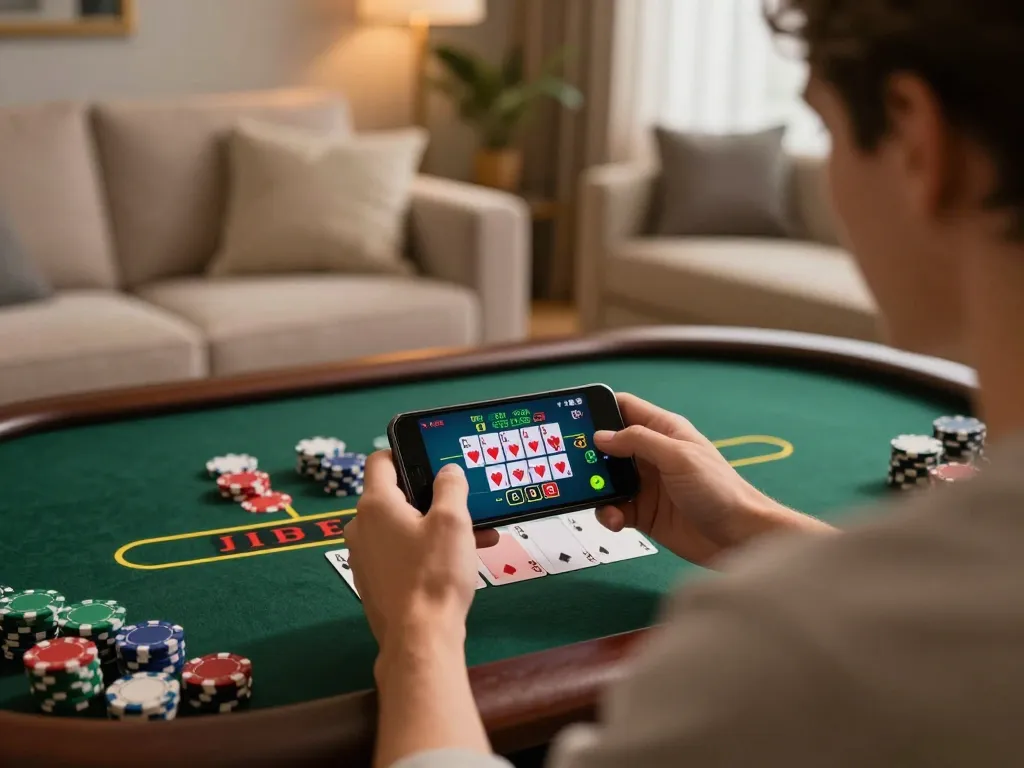 Jogador da AAVIP desfrutando de um jogo de blackjack com dealer ao vivo em seu smartphone com um ambiente aconchegante em casa.