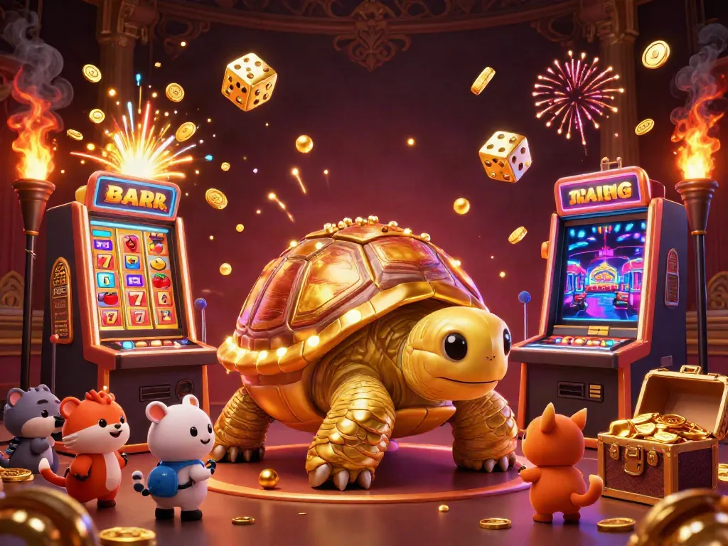 Enjoy thrilling casino games at ta88 with a vibrant 3D illustration featuring dynamic slot machines and a playful atmosphere.
