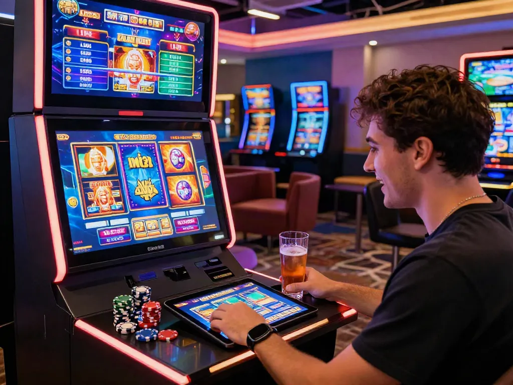 Nohuwin gaming experience featuring a player at a vibrant online casino.