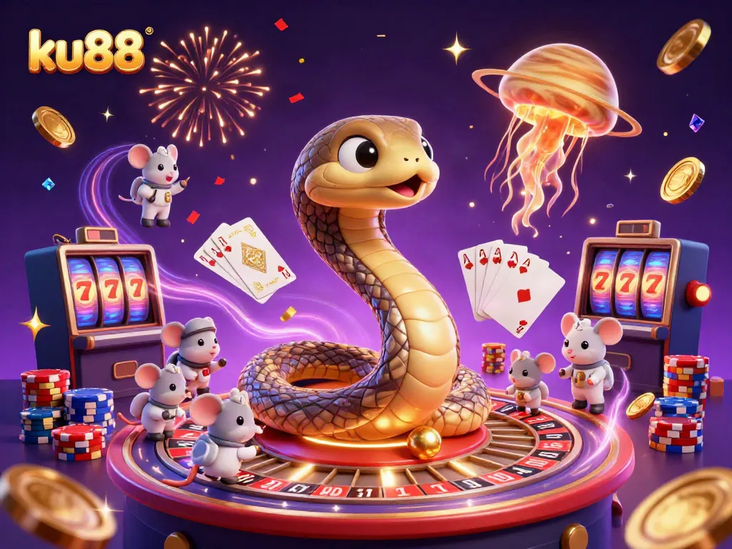 Engage with kicks and spins at ku88, featuring cartoon characters in a vibrant cosmic casino scene.