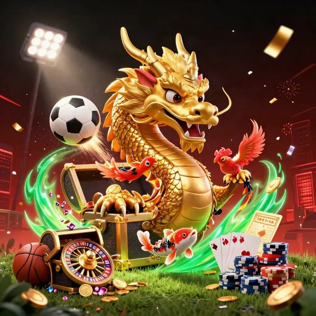 Dragão dourado, fênix e koi em cena neon de cassino com bola de futebol, moedas e luzes.