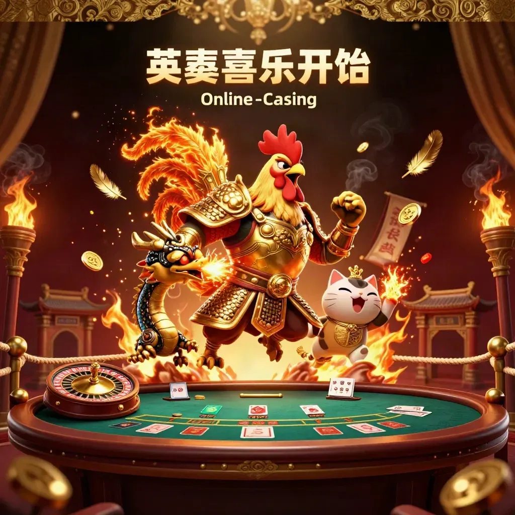 Galo samurai, dragão e gato da sorte em cena de cassino luxuosa e vibrante.
