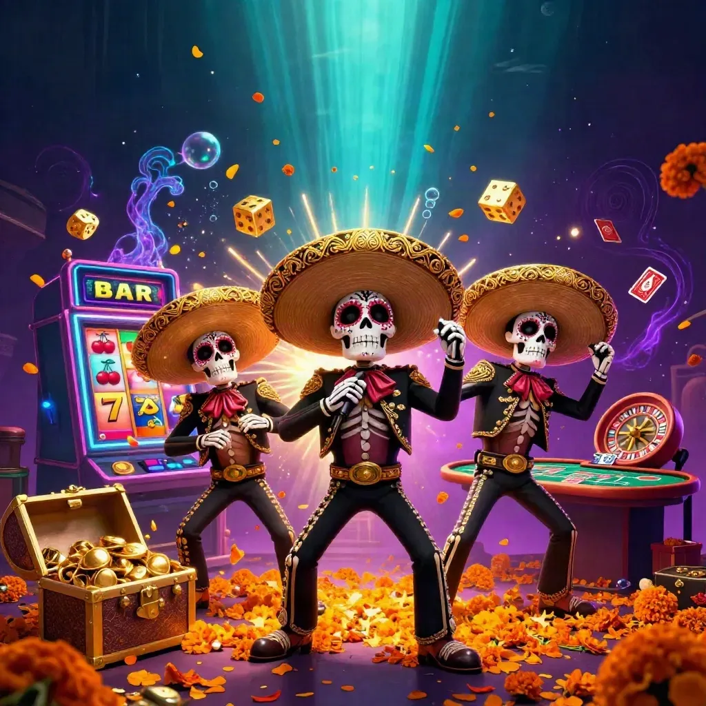 Trio de esqueletos mariachi com caça-níquel, ouro, roleta e luz neon