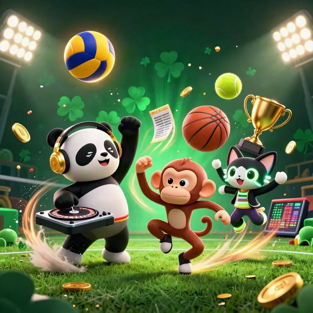 panda DJ, macaco e gatinha neon em ataque de vôlei com bolas e moedas