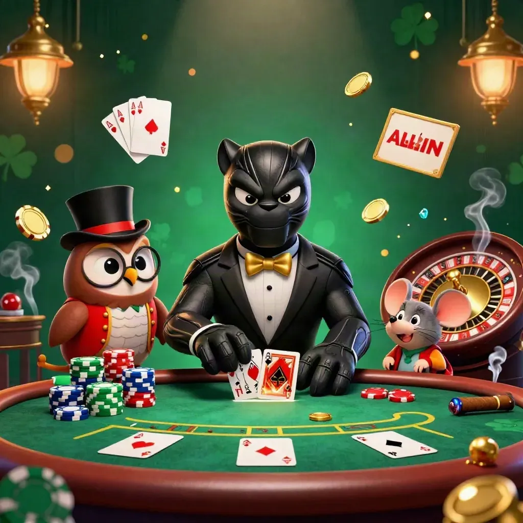 Pantera, coruja e rato em mesa de cassino luxuosa, com fichas e roda girando.