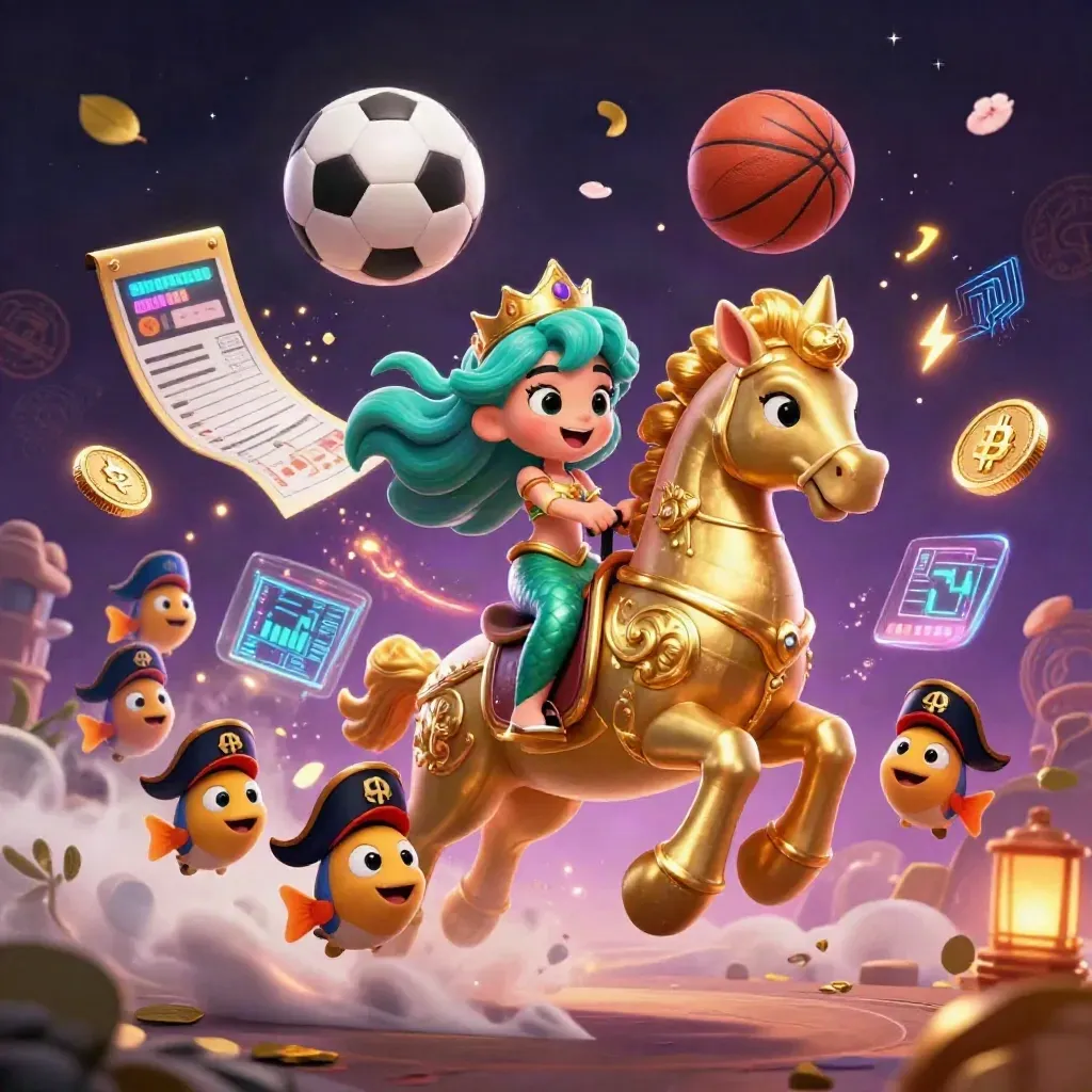 Sereia princesa em cavalo-marinho dourado, peixes piratas e moedas cripto em cena neon luxuosa.