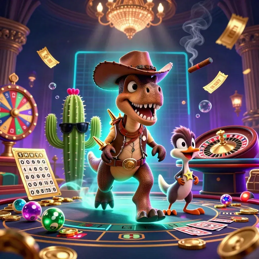 T-Rex cowboy, cacto e roadrunner em cassino neon com bolas e roleta