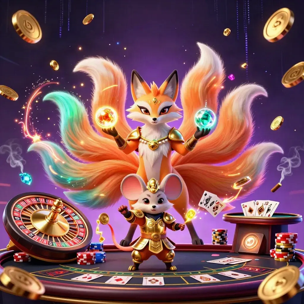 Raposa de nove caudas neon com rato samurai, roleta, moedas e joias em cassino luxuoso.