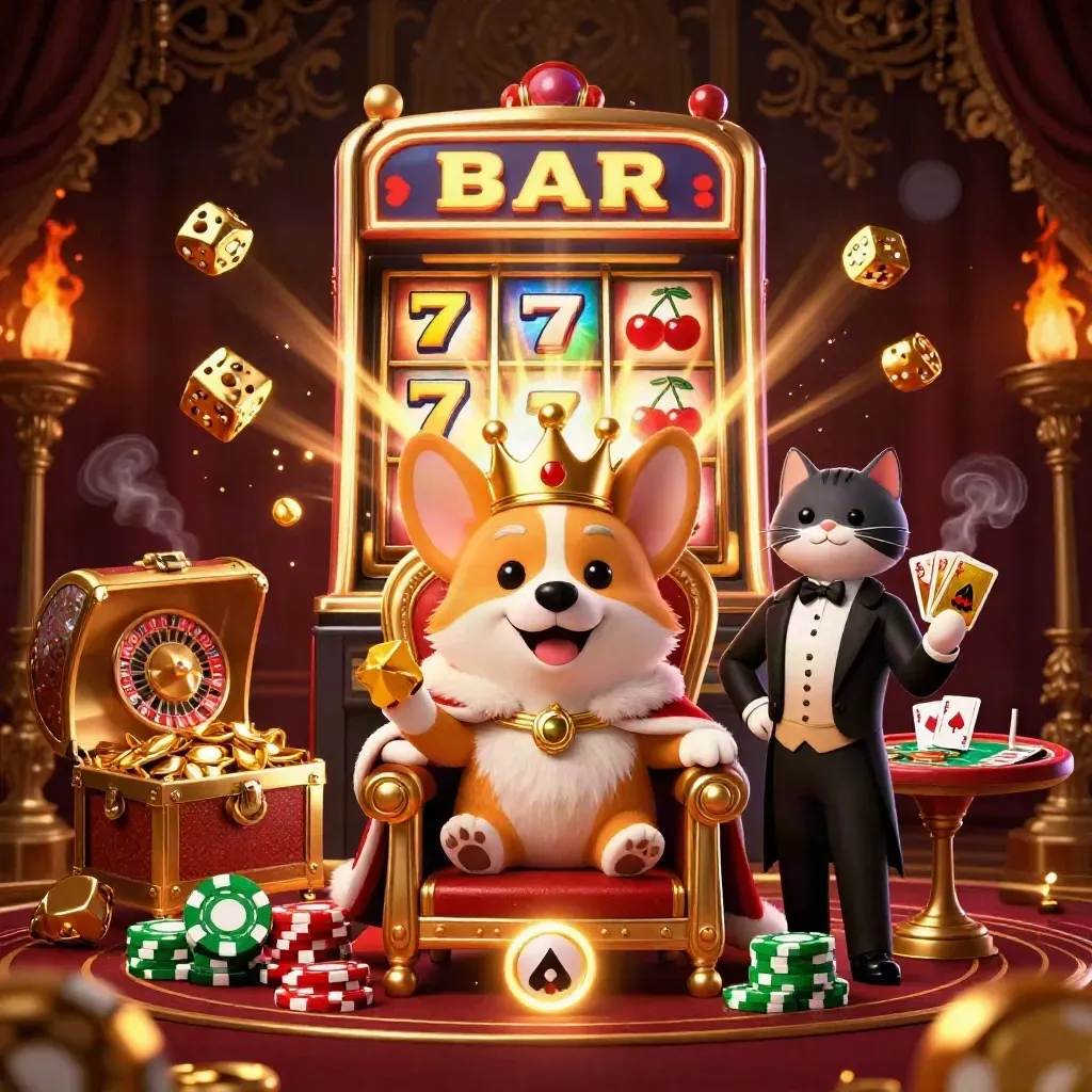 Corgi real e gato mordomo em cassino luxuoso, com slot, ouro e luz dramática.
