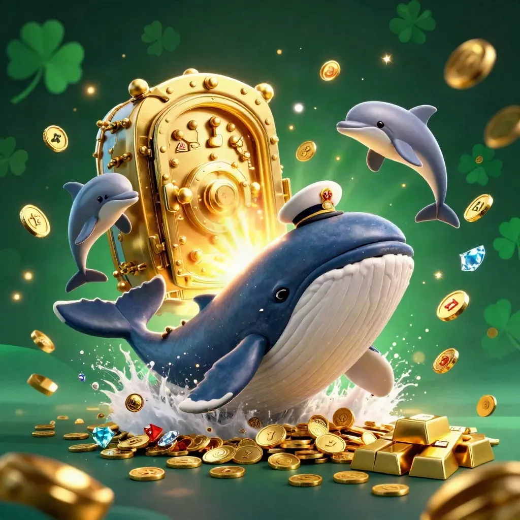 Baleia capitã, narval e golfinhos em meio a moedas, gemas e baú dourado aberto.