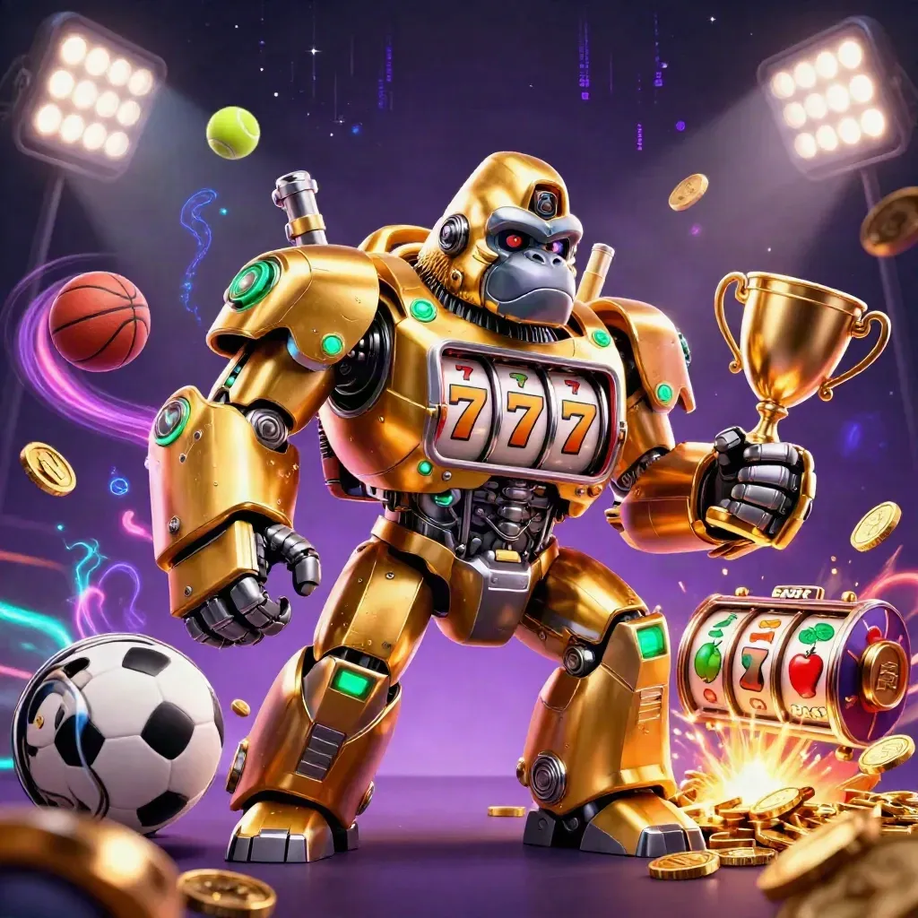 Gorila mecânico dourado com piloto macaco, bolas, troféu e energia verde em cassino neon.