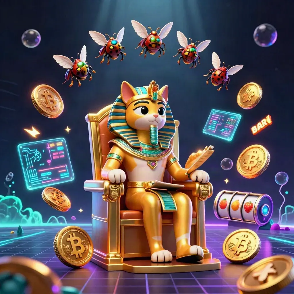 Gato faraó com escriba íbis e escaravelhos em meio a moedas e relâmpagos neon.