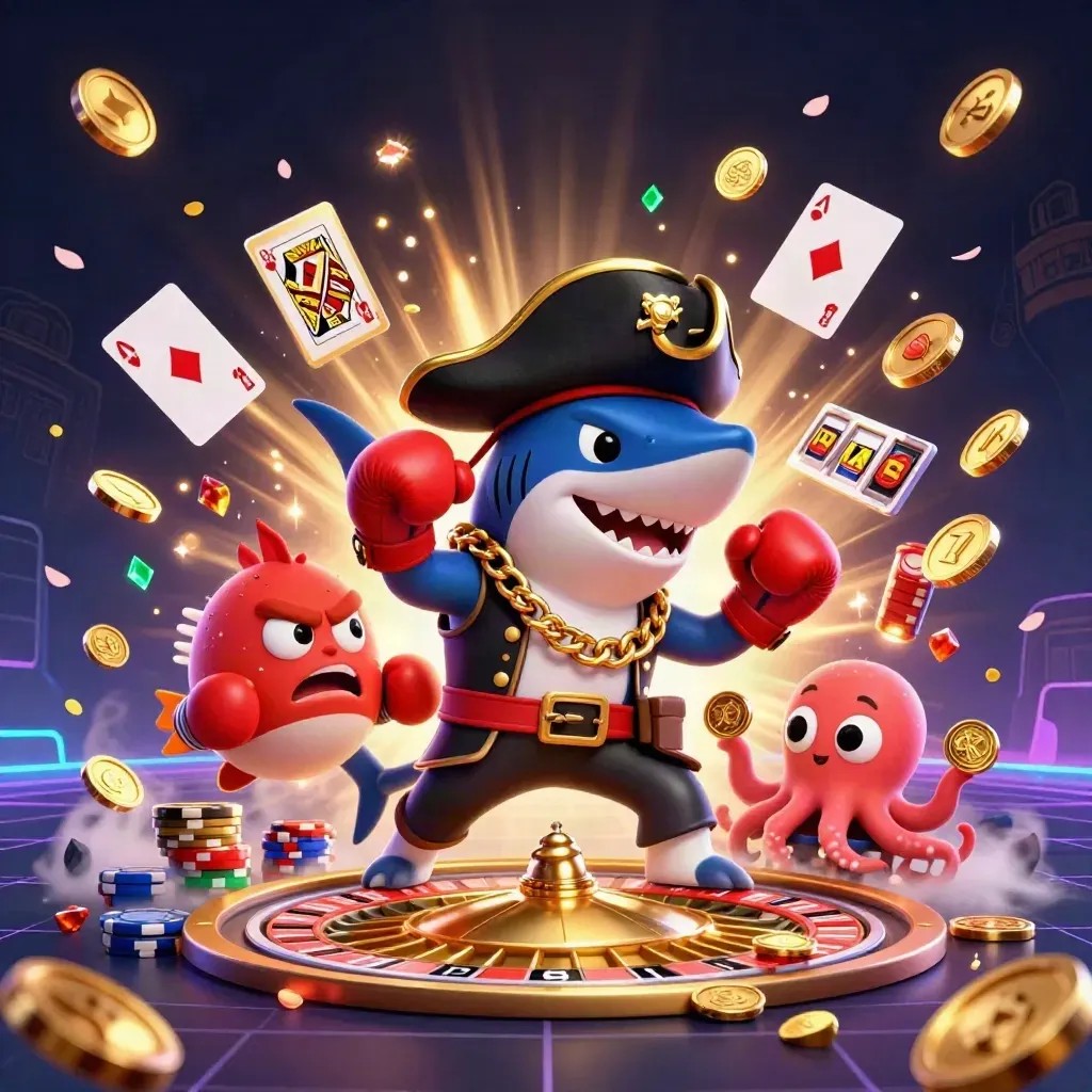 Capitão tubarão pirata, baiacu boxeador e polvo bebê com moedas e joias neon em cena luxuosa.