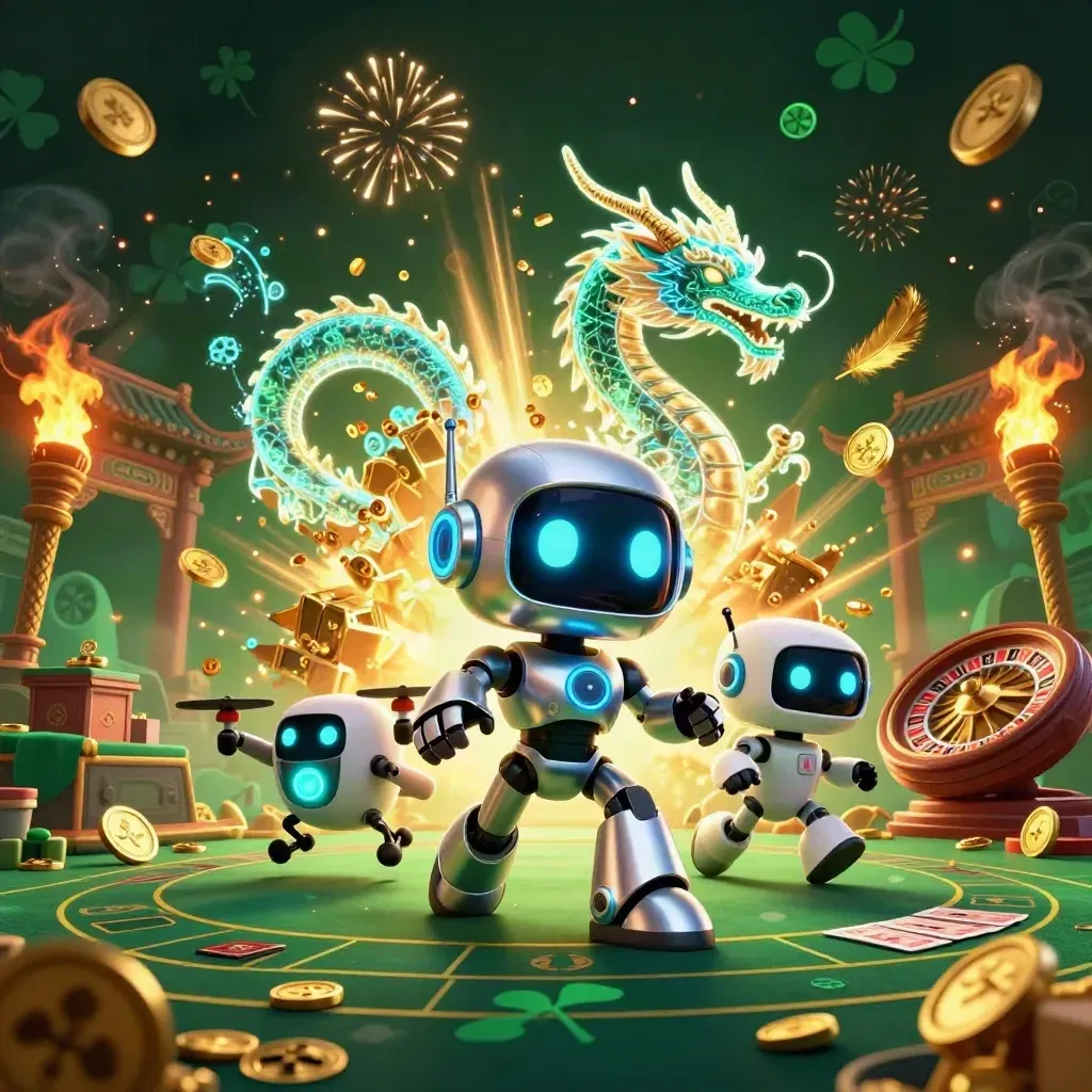Robô cyberpunk, dragão holográfico e drone em explosão de moedas num cassino neon luxuoso.