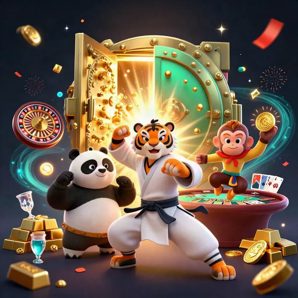 Tigre, panda e macaco em cofre dourado com moedas, roleta, cartas e fogos