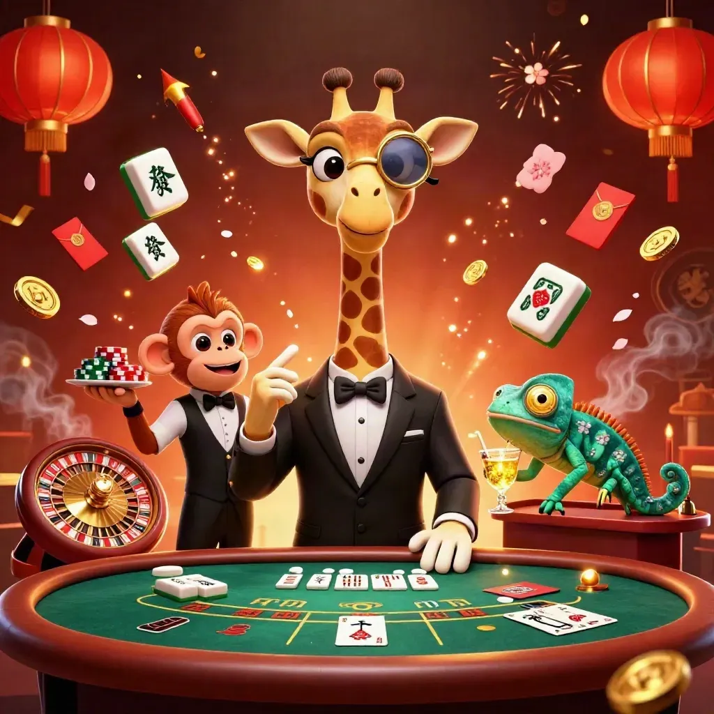 Girafa VIP, macaco com fichas e camaleão bartender em festa de cassino