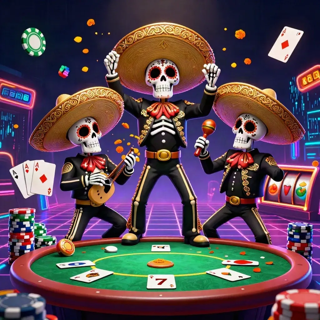 Trio de esqueletos mariachis com cartas, fichas, roletas e luz neon em clima de cassino.