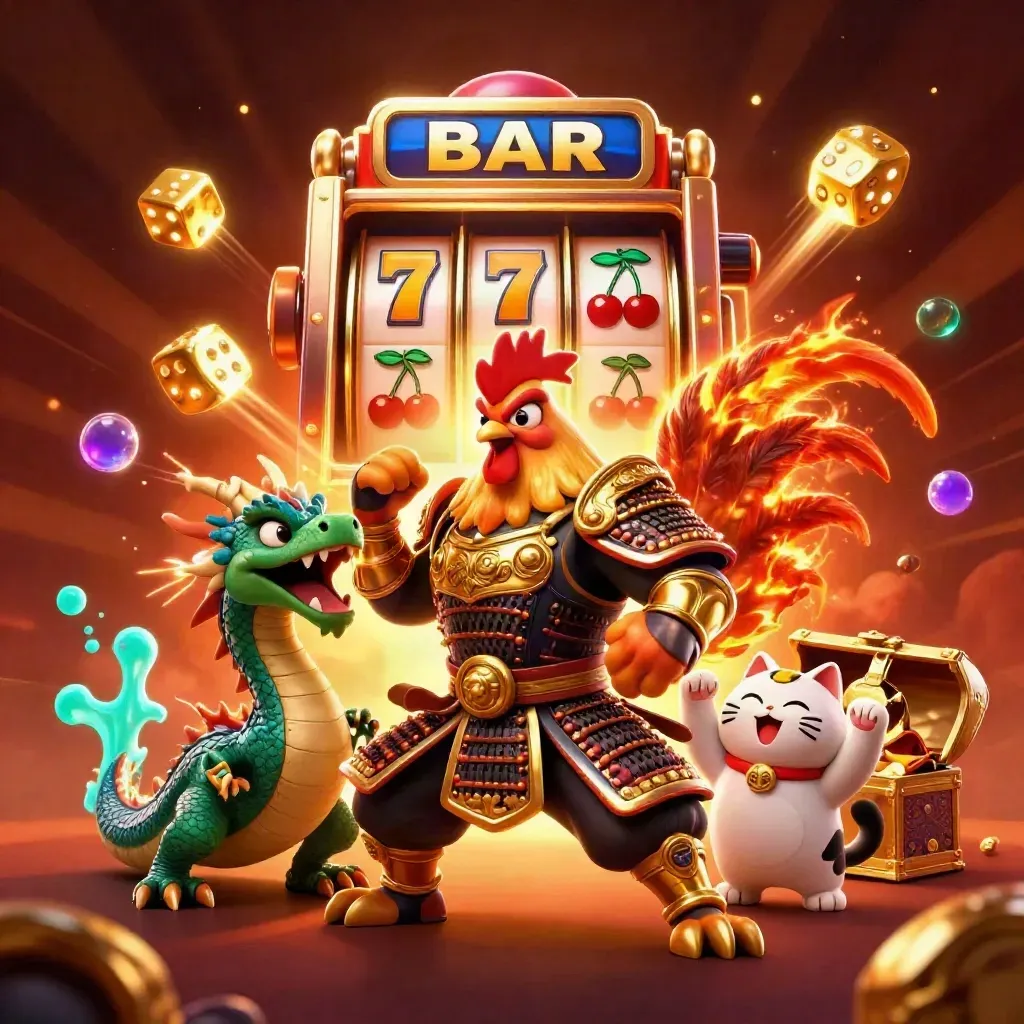 Galo samurai, dragão e gato da sorte cercados por slot e jackpots em luz neon.