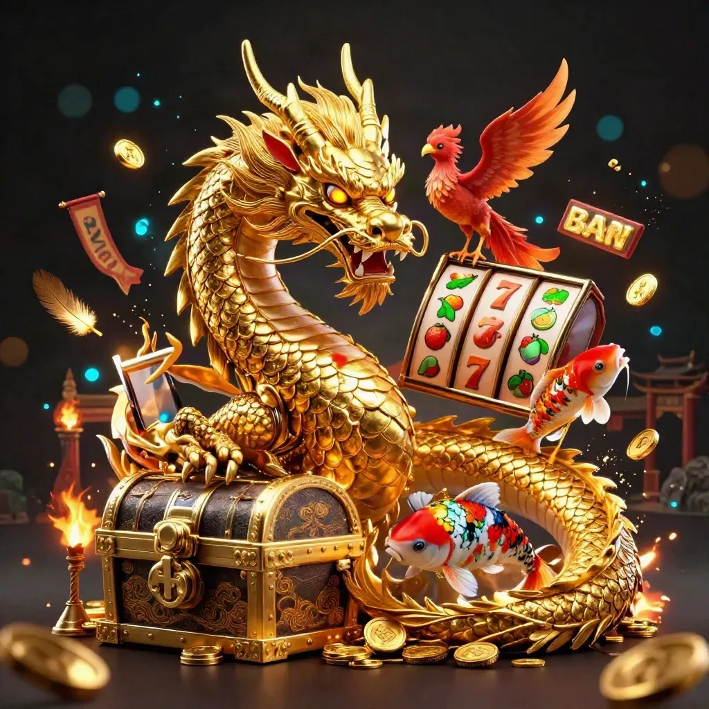 Dragão dourado com fênix e koi, moedas, caça-níqueis e brilho neon em fundo escuro.
