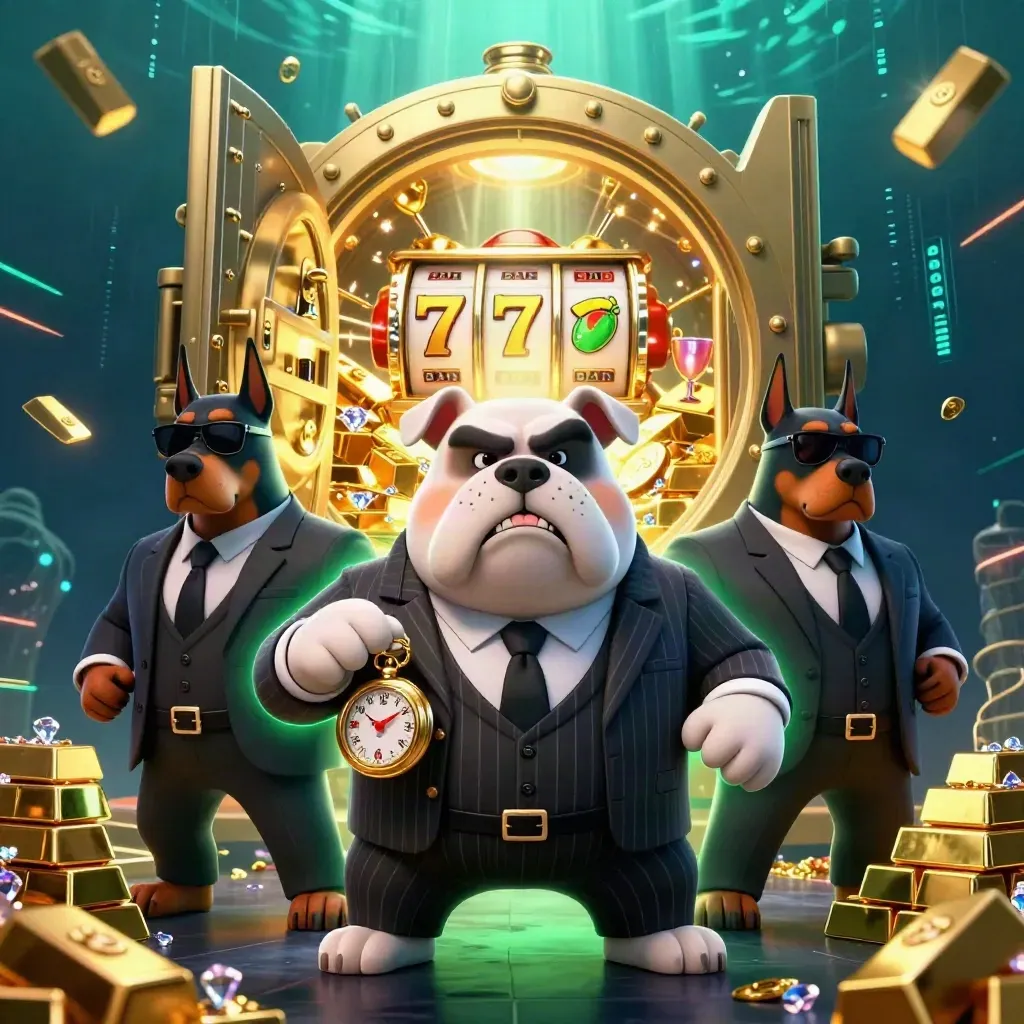 Bulldogue mafioso 3D com dois dobermans, cofre de ouro, roletas e brilho neon.