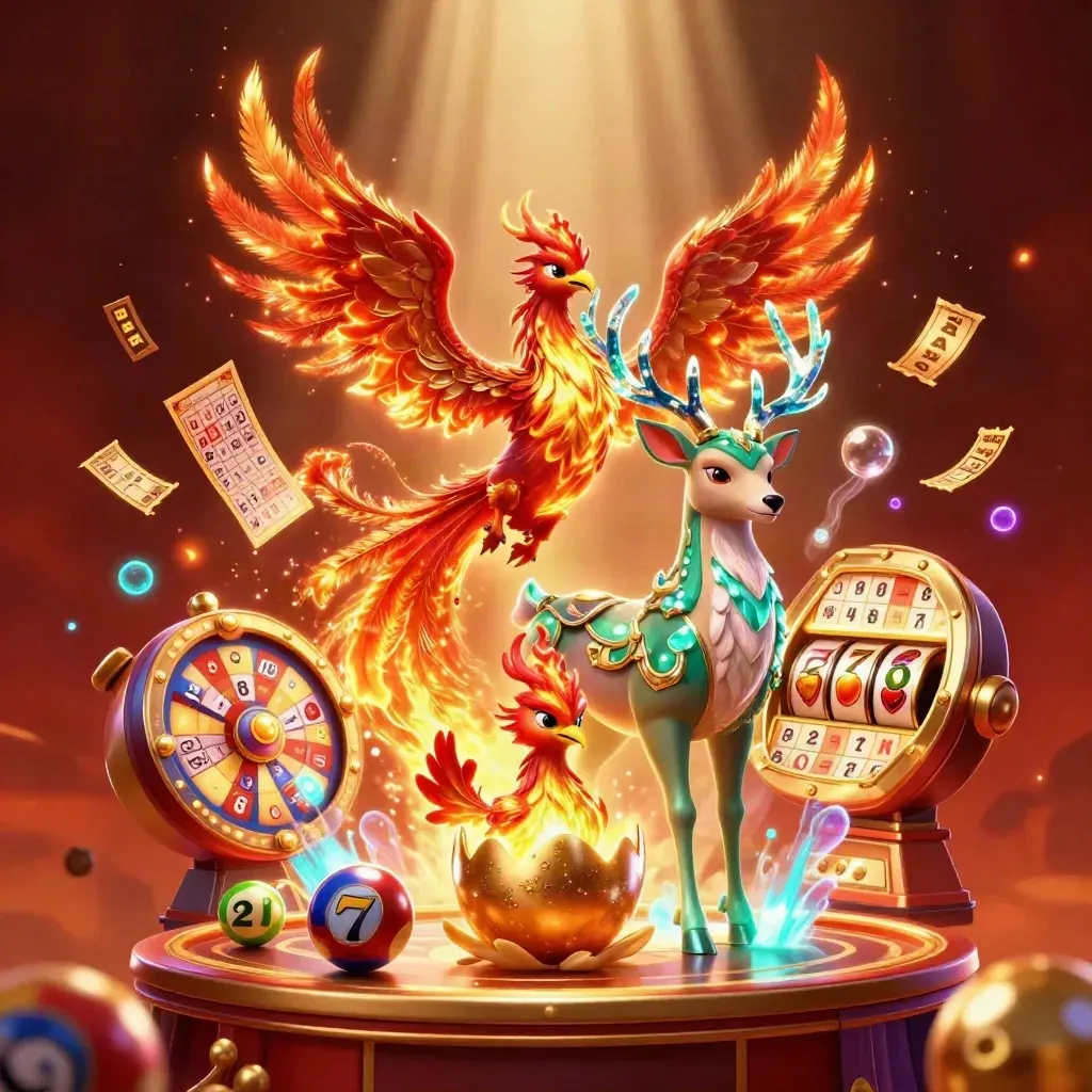 Fênix, cervo místico e filhote saindo do ovo com roleta, bolas e brilho neon.